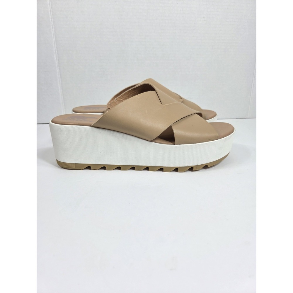 Sorel Cameron Flatform Slide  Beige Leather Cross Strap Summer Sandals Women 9.5